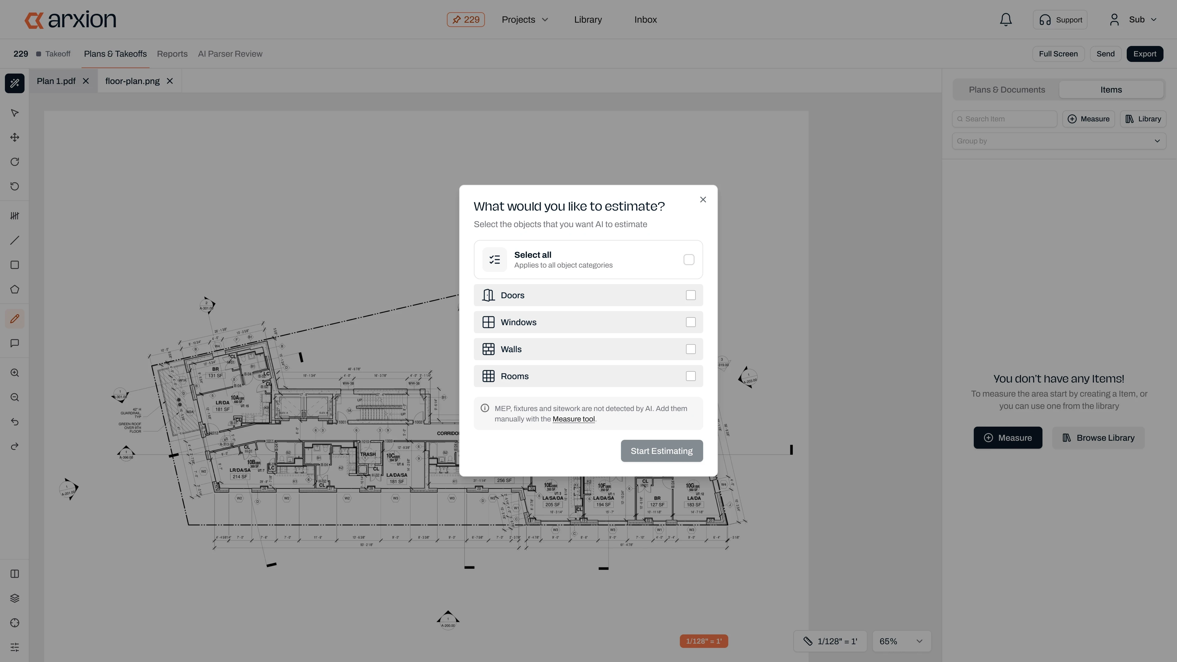 A dialog titled What would you like to estimate, listing doors, windows, walls and rooms as selectable categories, with a note that MEP, fixtures and sitework are not detected by AI