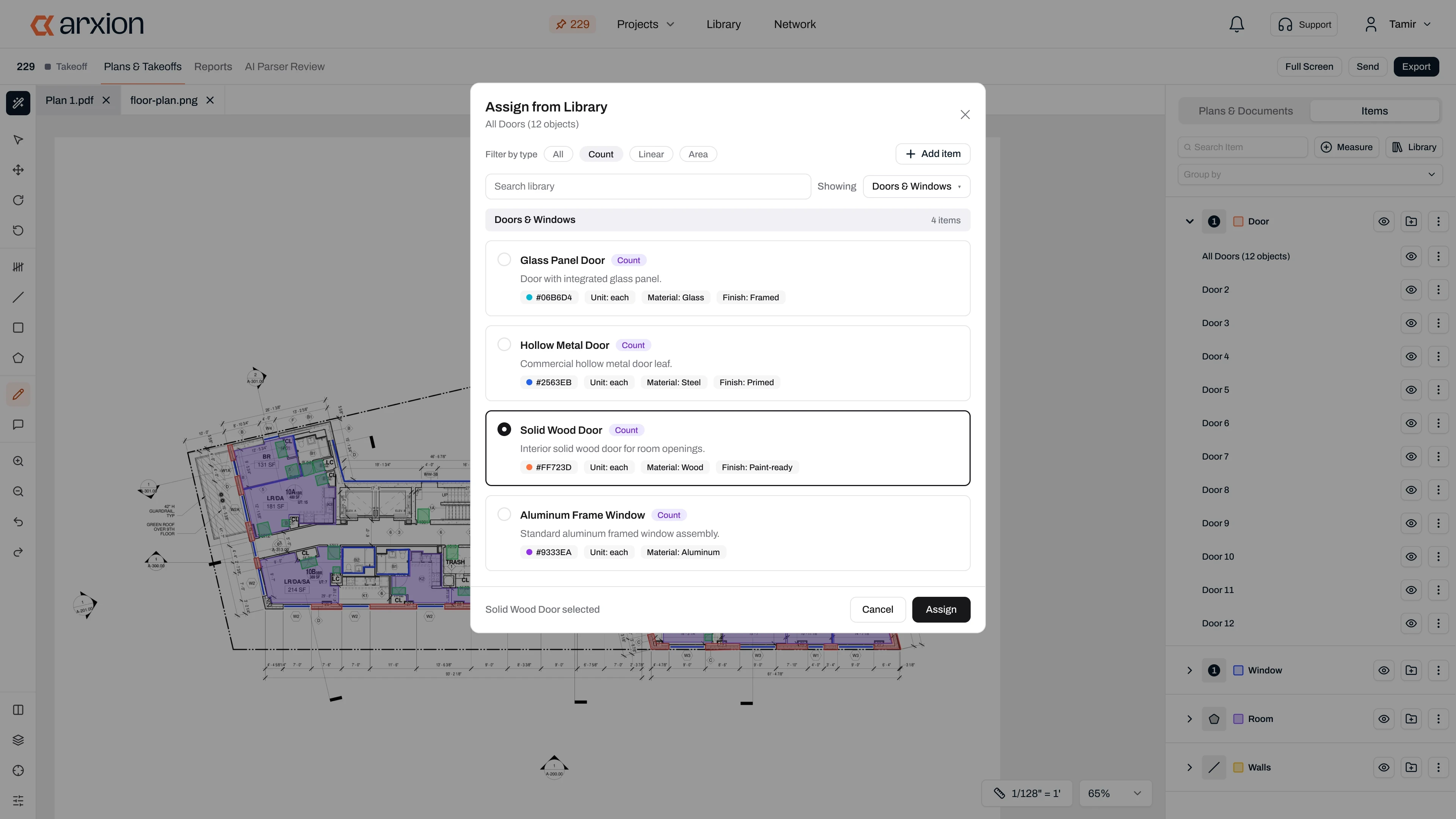 The takeoff panel with detected doors grouped together and an assign action that maps all of them to a library item in one step