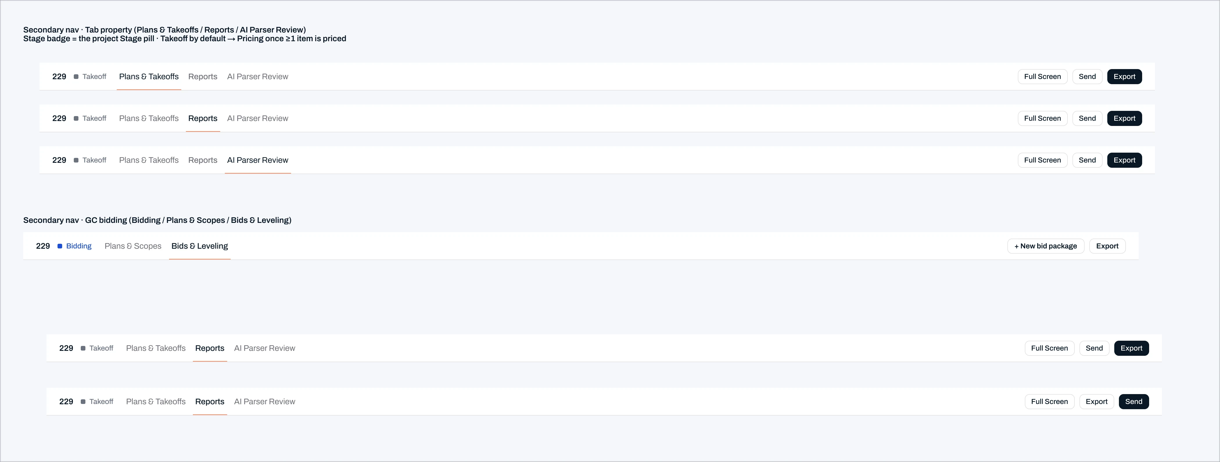 The secondary navigation component with its three tab variants, Plans and Takeoffs, Reports, and AI Parser Review, each shown in active and inactive states