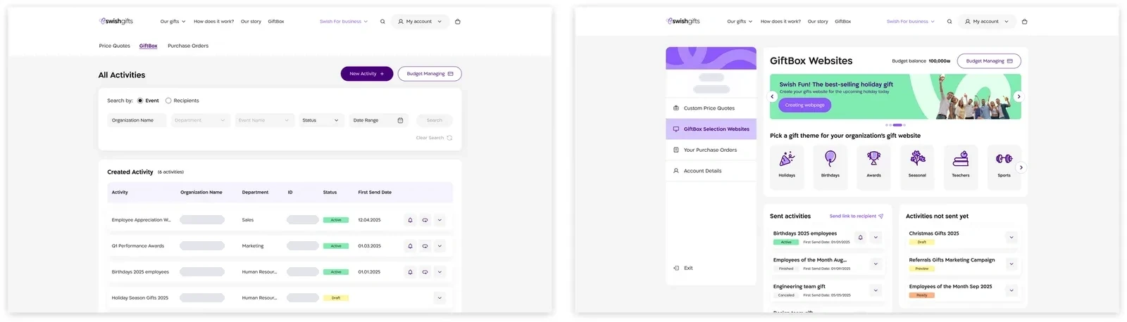 Two versions of the Swish dashboard side by side, the account manager view with all clients and the HR manager view with only their own activities