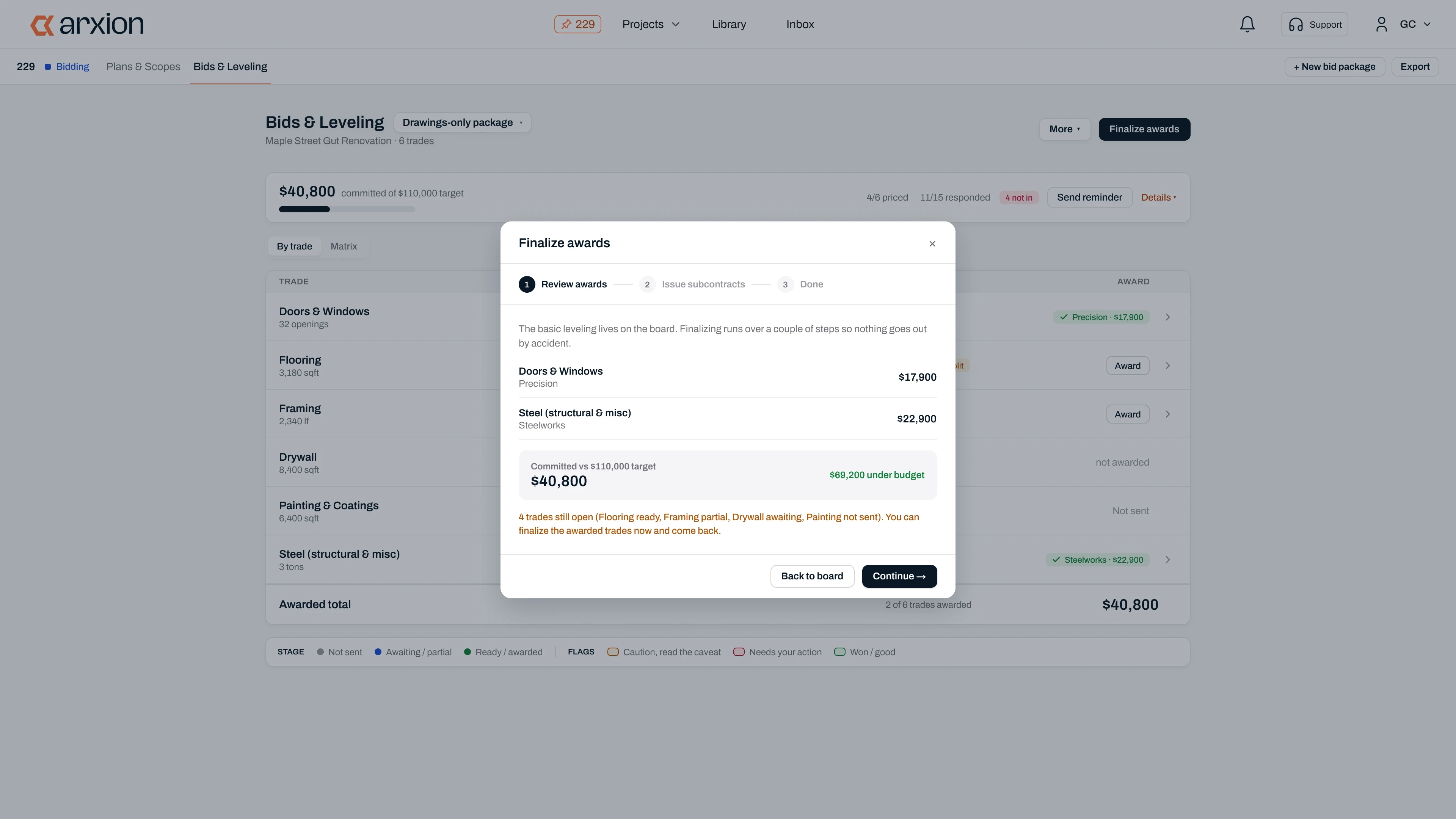 Finalize awards modal with a three-step flow of review, issue subcontracts and done, summarizing awarded trades against the budget target