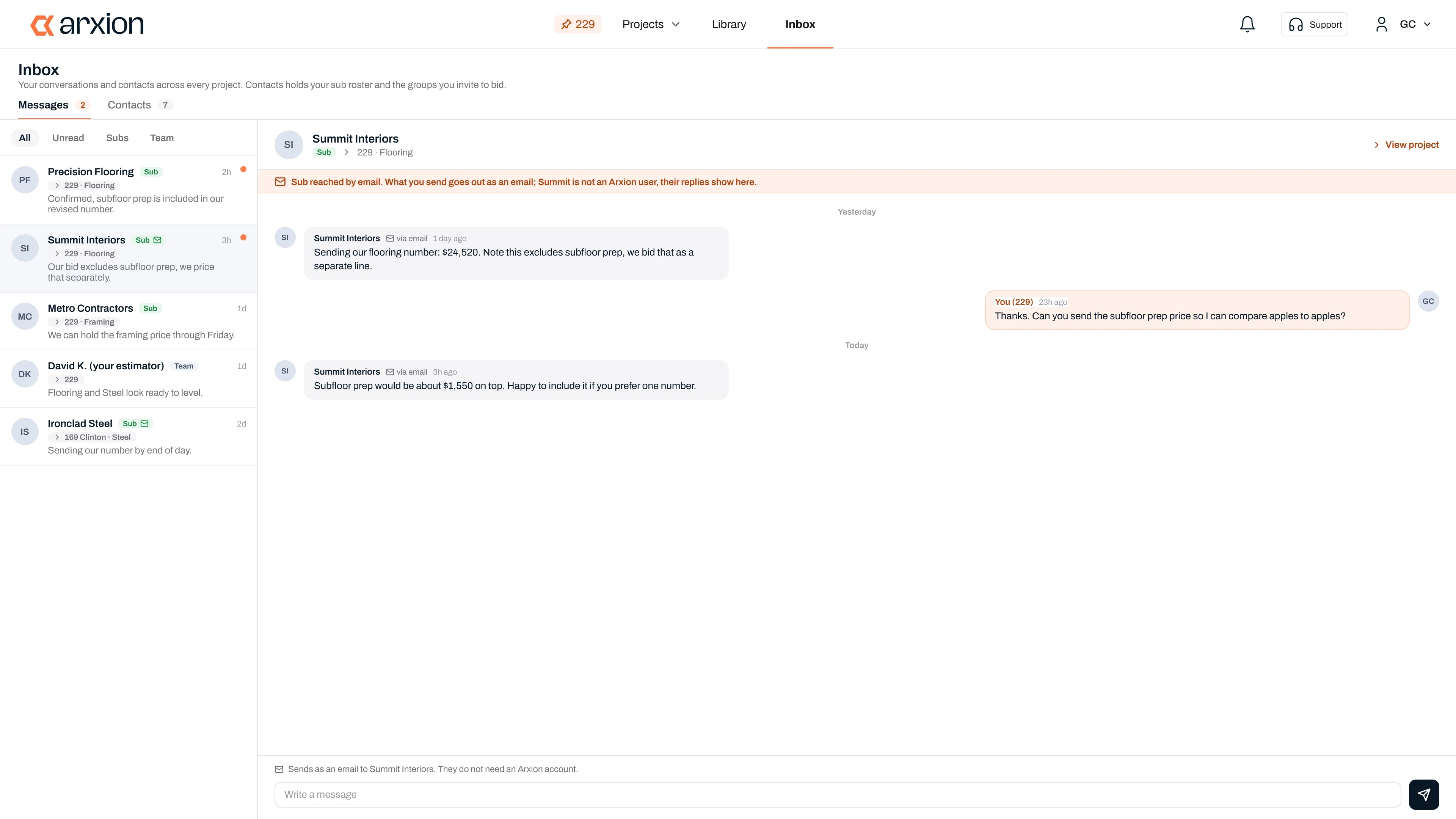 Inbox with project-scoped threads and a banner noting the sub was reached by email and their replies appear in the thread