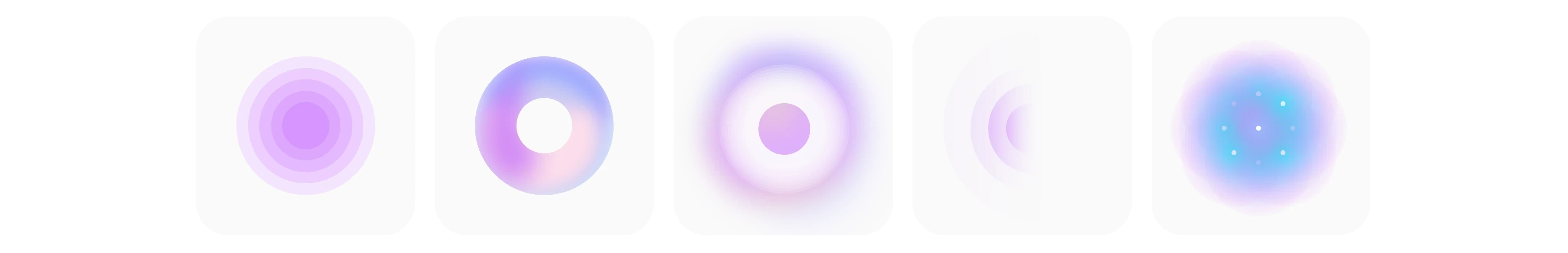 Five states of the Nina orb in a row: resting, listening, thinking, a quiet idle pulse, and an active state with points of light