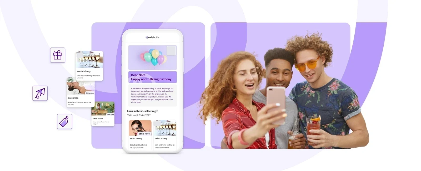 The recipient-facing Swish gift page on a phone, with a personal greeting and gift options to choose from