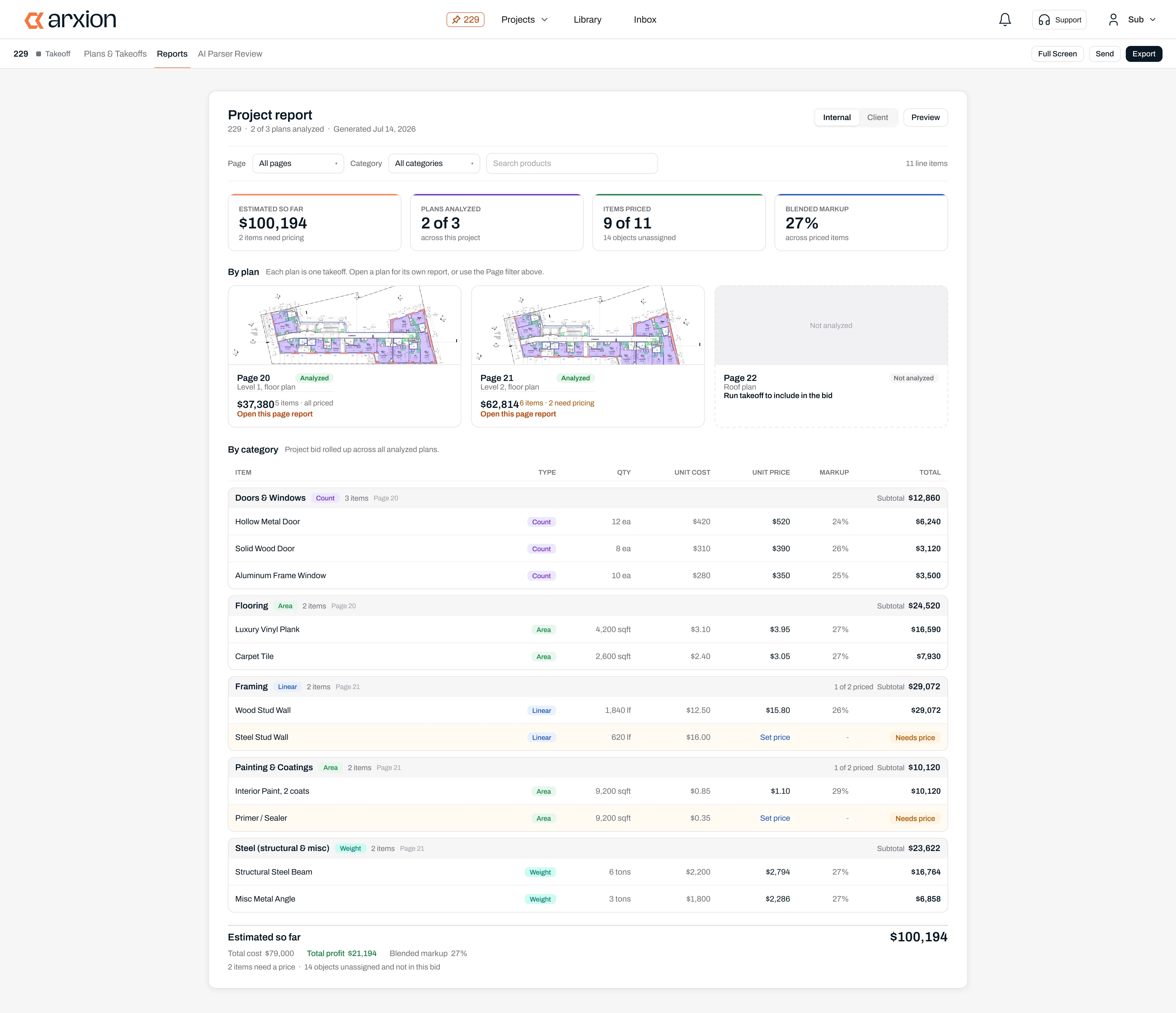 Project report with summary tiles, per-plan cards and a category rollup where unpriced rows are flagged with a needs-price marker